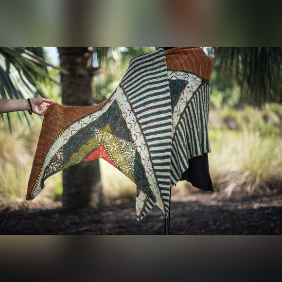 Shawl Large Striped Lace Green Red Yellow Hand Knit Wrap - Picture 2 of 15